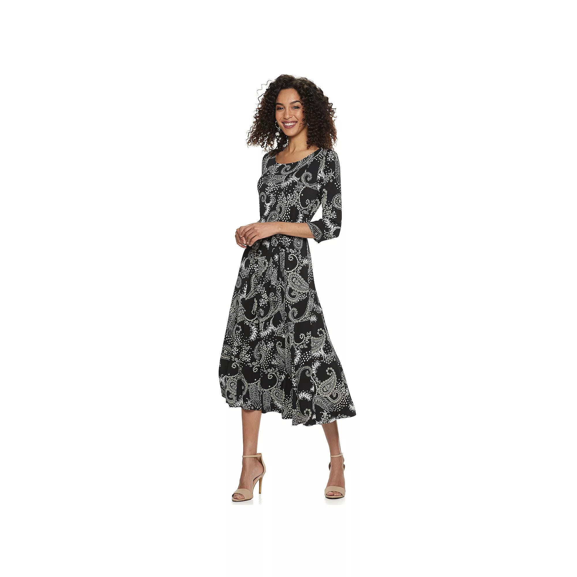 Women's Nina Leonard Belted 3/4 Sleeve Print Midi Dress, Size: Large, Beige Paisley Product Image