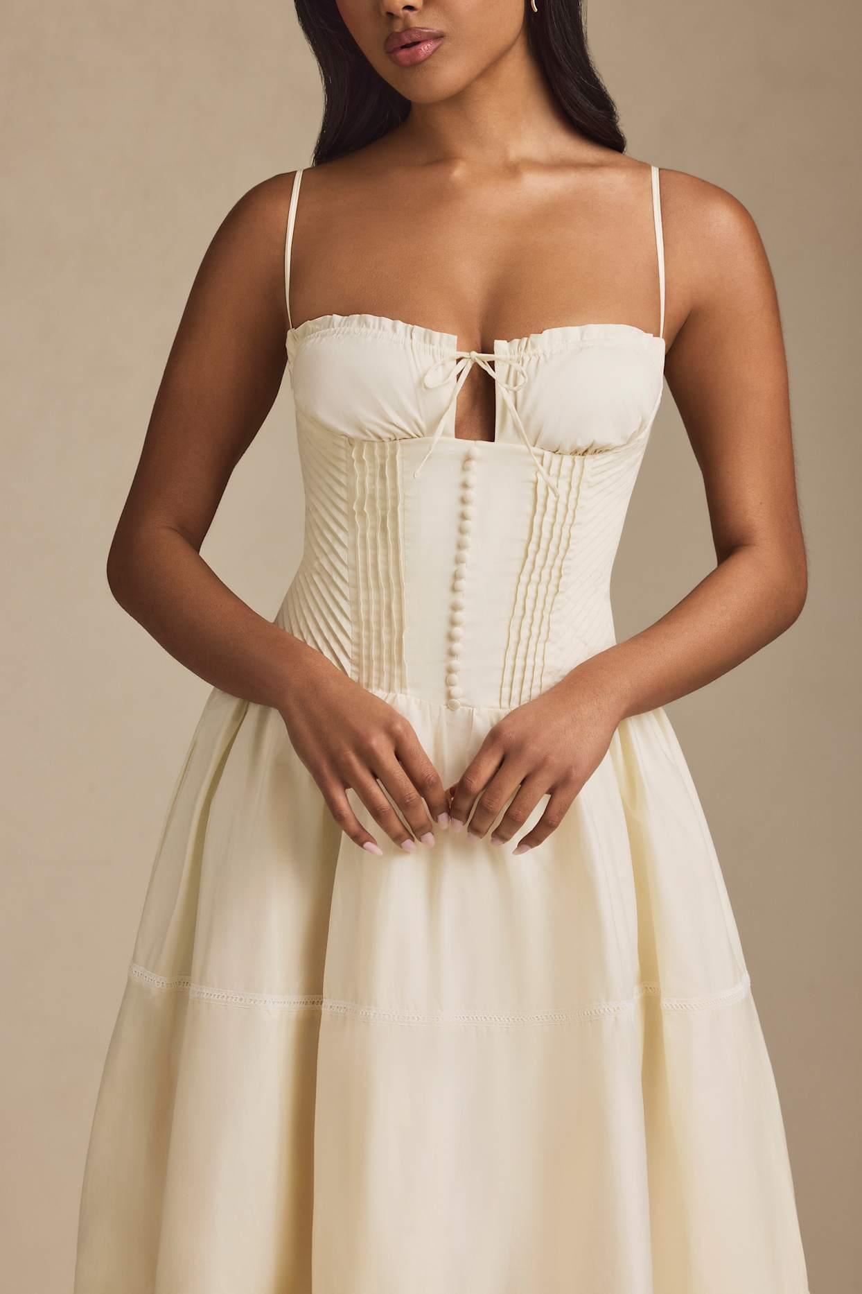 Lace-Trim Pintucked Poplin Midaxi Dress in Ivory Product Image