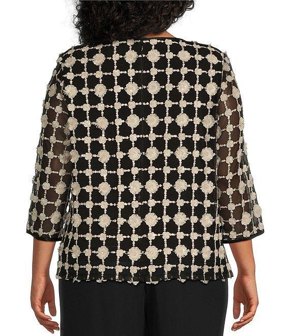 Alex Evenings Plus Size Embroidered Stretch Tulle Crew Neck 3/4 Sleeve Twin Set Product Image