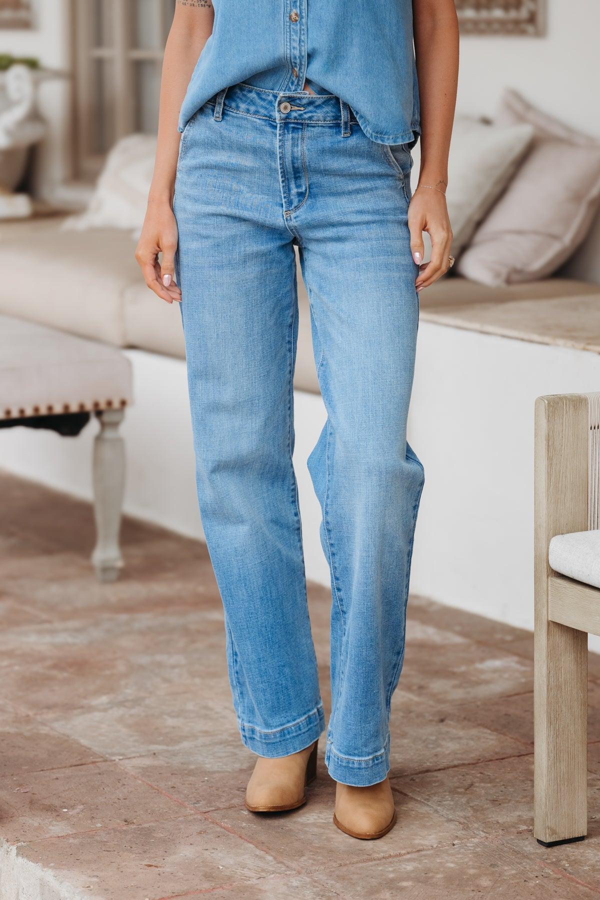 Medium Light Wash High Rise Wide Leg Jeans Product Image