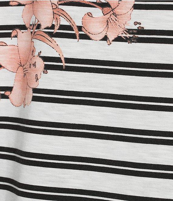 Multiples Stretch Placement Floral Stripe Boat Neck 3/4 Sleeve Fitted Top Product Image