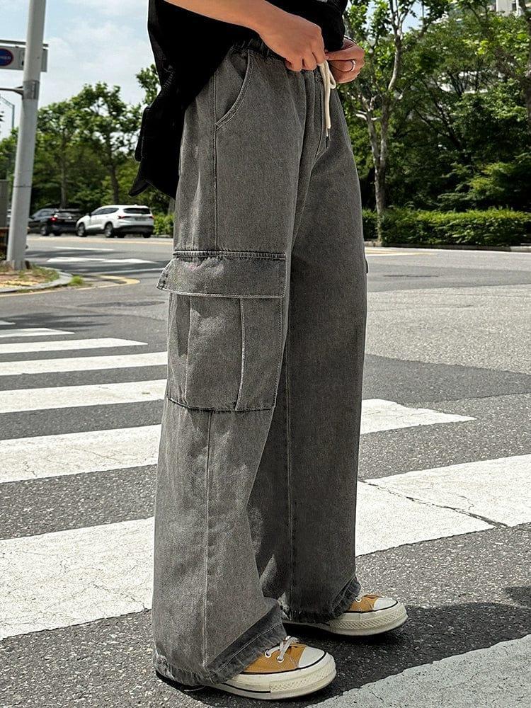 RT No. 11513 GRAY DRAWSTRING WIDE CARGO PANTS Product Image
