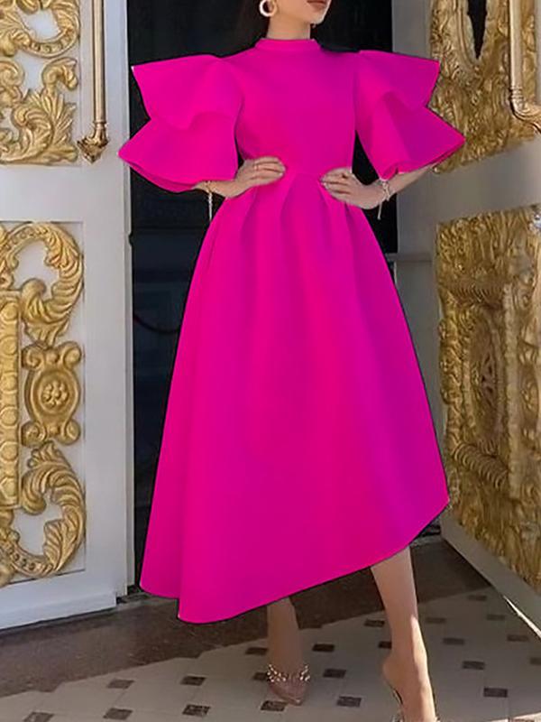 Original Loose Half Sleeves Falbala Solid Color Round-Neck Midi Dresses Product Image