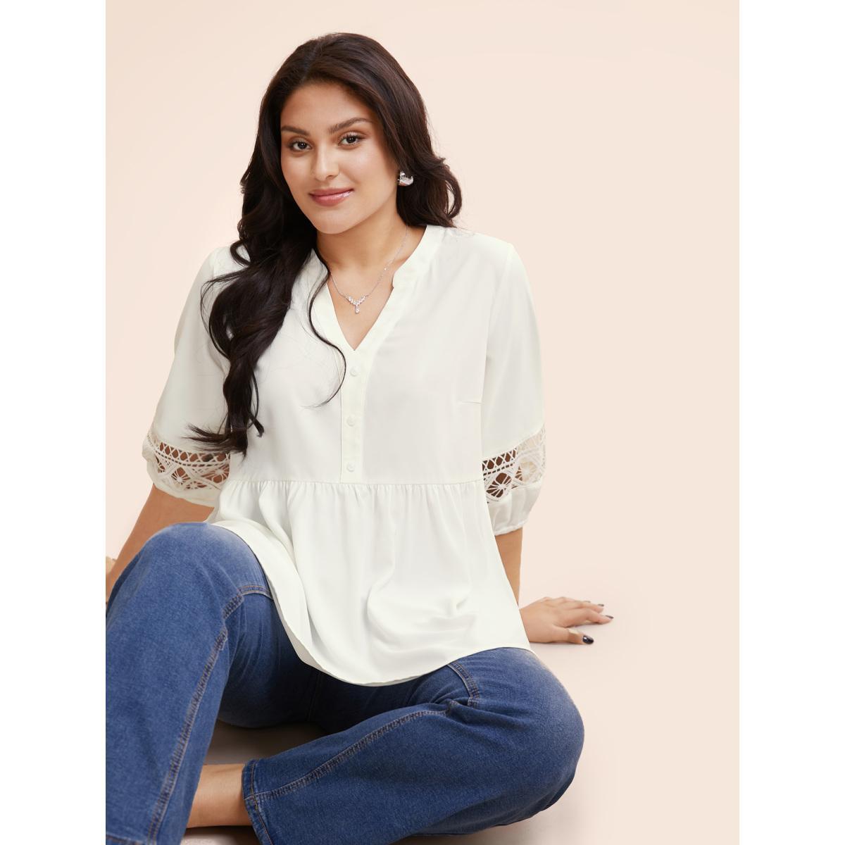 Plus Size WhiteSmoke Notched Patchwork Cut Out Lantern Sleeve Blouse Women At the Office Elbow-length sleeve Flat collar with V-notch Office Blouses BloomChic 30/6X Product Image