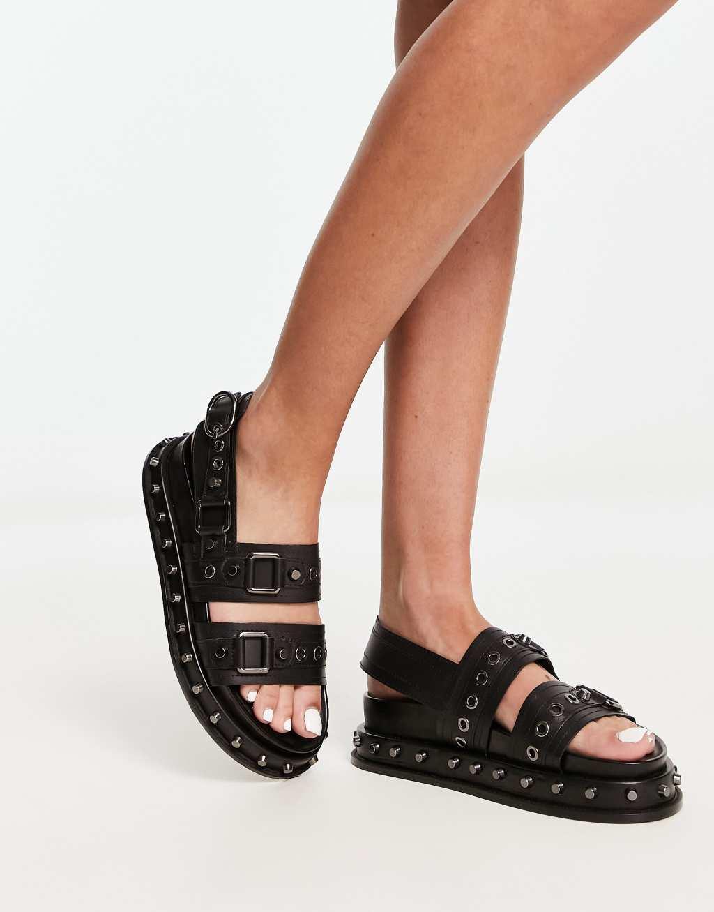 ASOS DESIGN Focused leather studded flat sandals Product Image