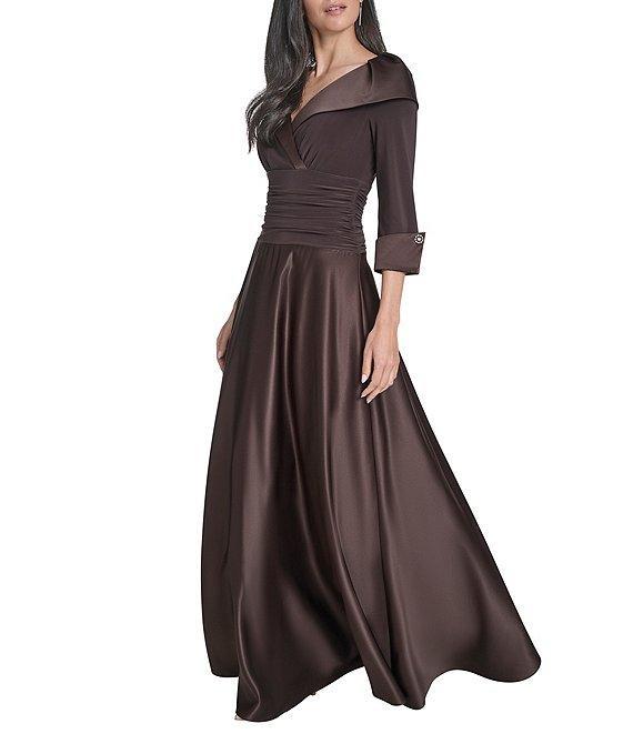 Jessica Howard Portrait Collar V-Neck 3/4 Sleeve Rhinestone Cuff Ruched Waist Satin Gown Product Image