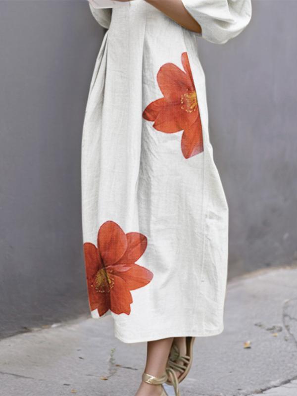 Half Sleeves Loose Flower Print Round-Neck Midi Dresses Product Image
