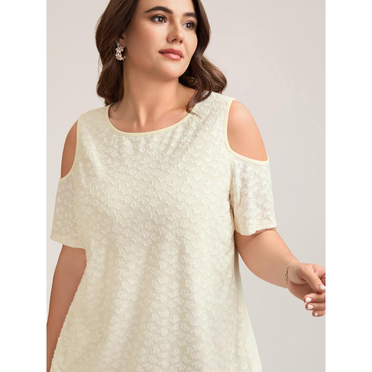 Plus Size Textured Off-Shoulder Lined T-Shirt Beige Women Elegant Texture Round Neck Everyday T-shirts BloomChic 28/5X Product Image