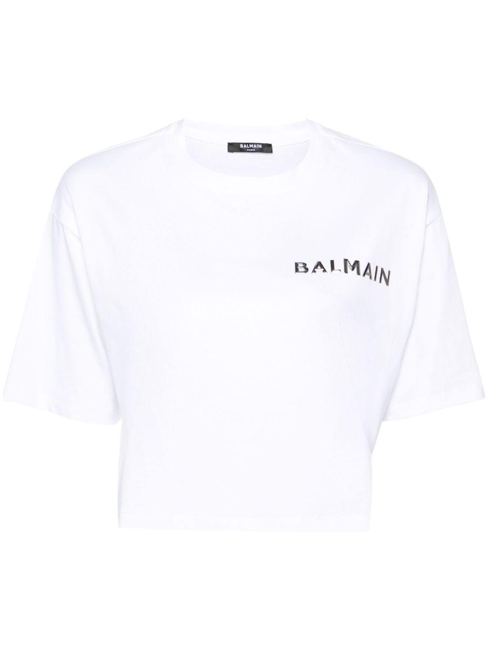 BALMAIN White Logo-appliqué Cropped T-shirt Product Image