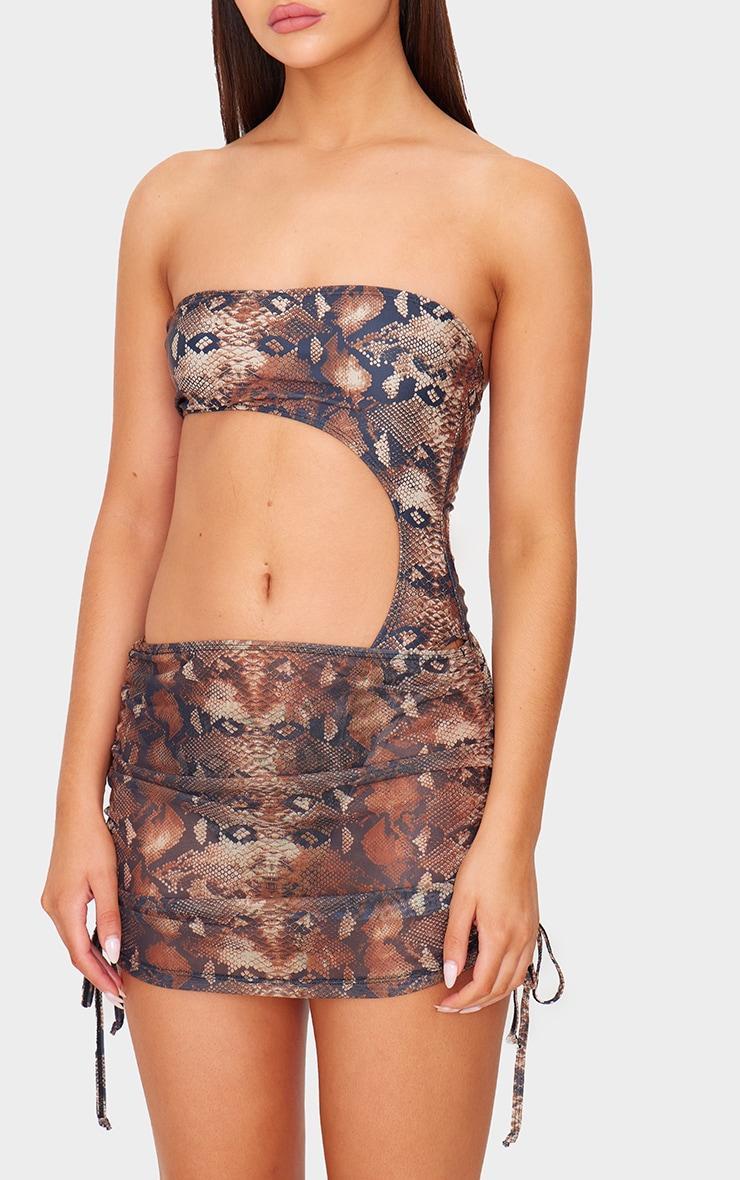 Brown Snake Print Ruched Detail Mesh Beach Skirt Product Image