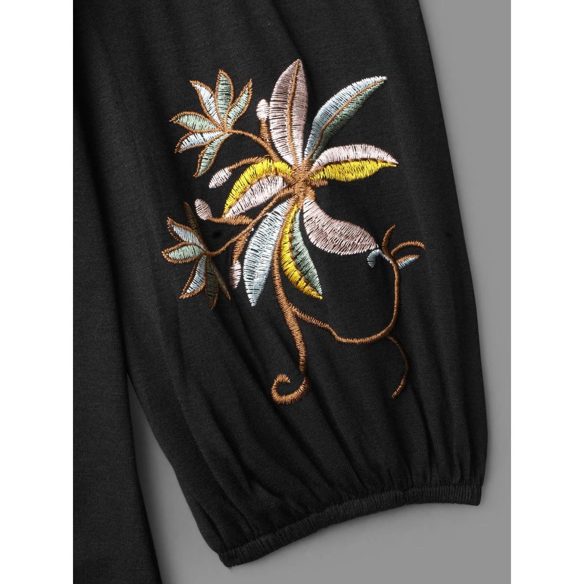 Plus Size Floral Embroidered Sleeve Notched Neckline T-shirt Black Women Elegant Gathered Natural Flowers Notched collar Everyday T-shirts BloomChic 30/6X Product Image