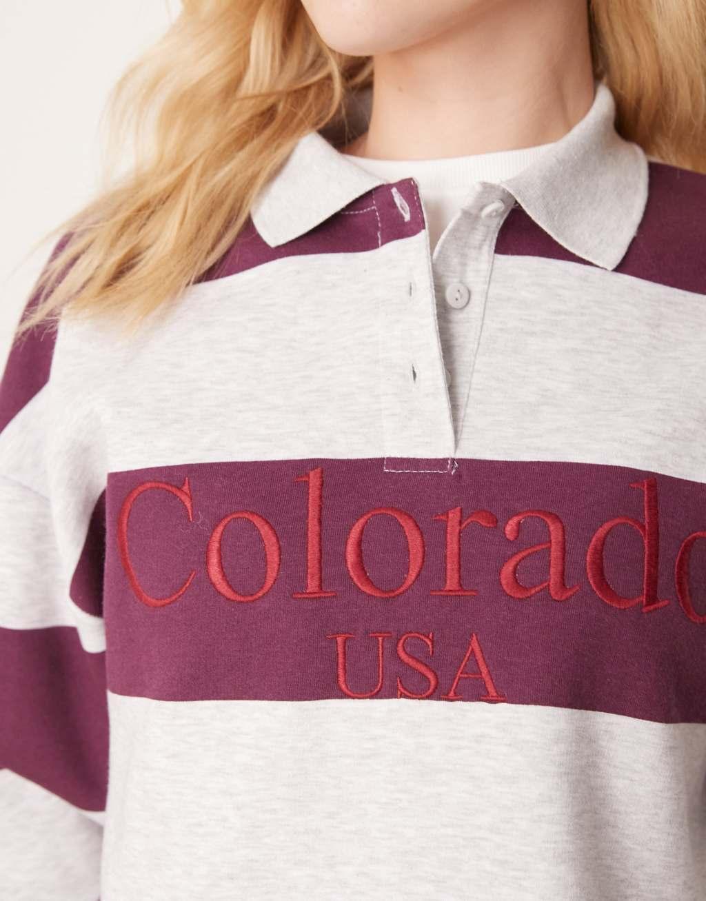 ASOS DESIGN oversized rugby sweatshirt with embroidery in burgundy stripe Product Image