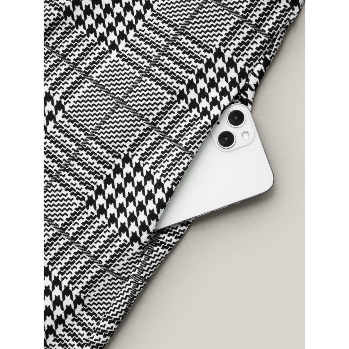 Plus Size Houndstooth Print Waist-Cinched Patchwork Midi Dress BlackFlower Women Office Patchwork Knit Dresses Bloomchic 28/5X Product Image