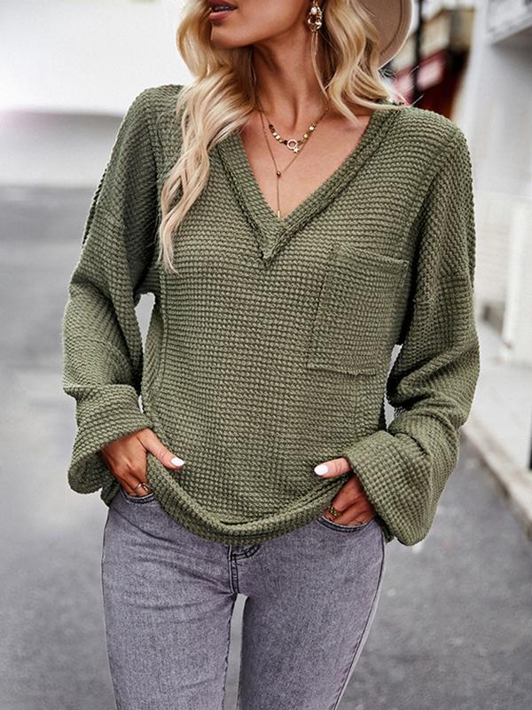 Long Sleeves Loose Elasticity Pockets Solid Color Split-Joint V-Neck T-Shirts Tops Product Image