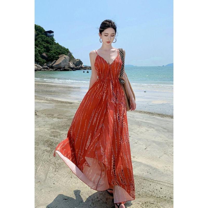 Spaghetti Strap Print Maxi A-Line Dress Product Image