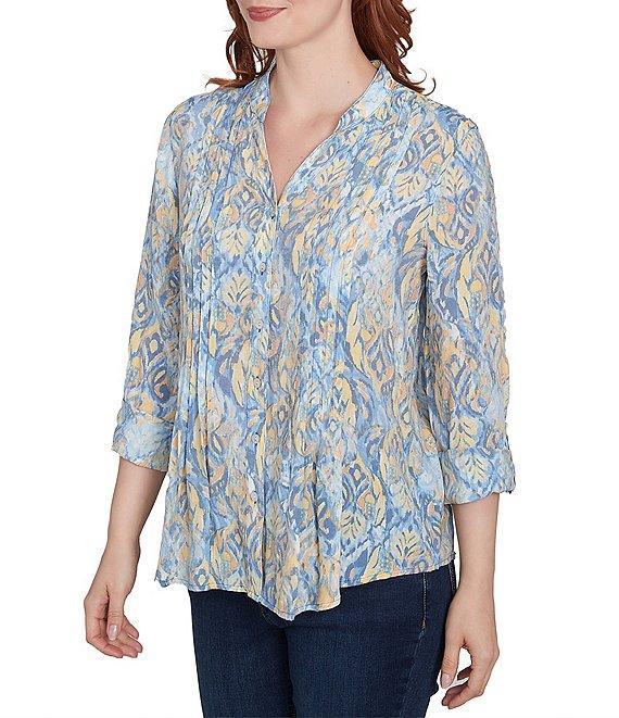 Ruby Rd. Petite Size Woven Printed Band V-Neck 3/4 Roll-Tab Sleeve Pleated Top Product Image
