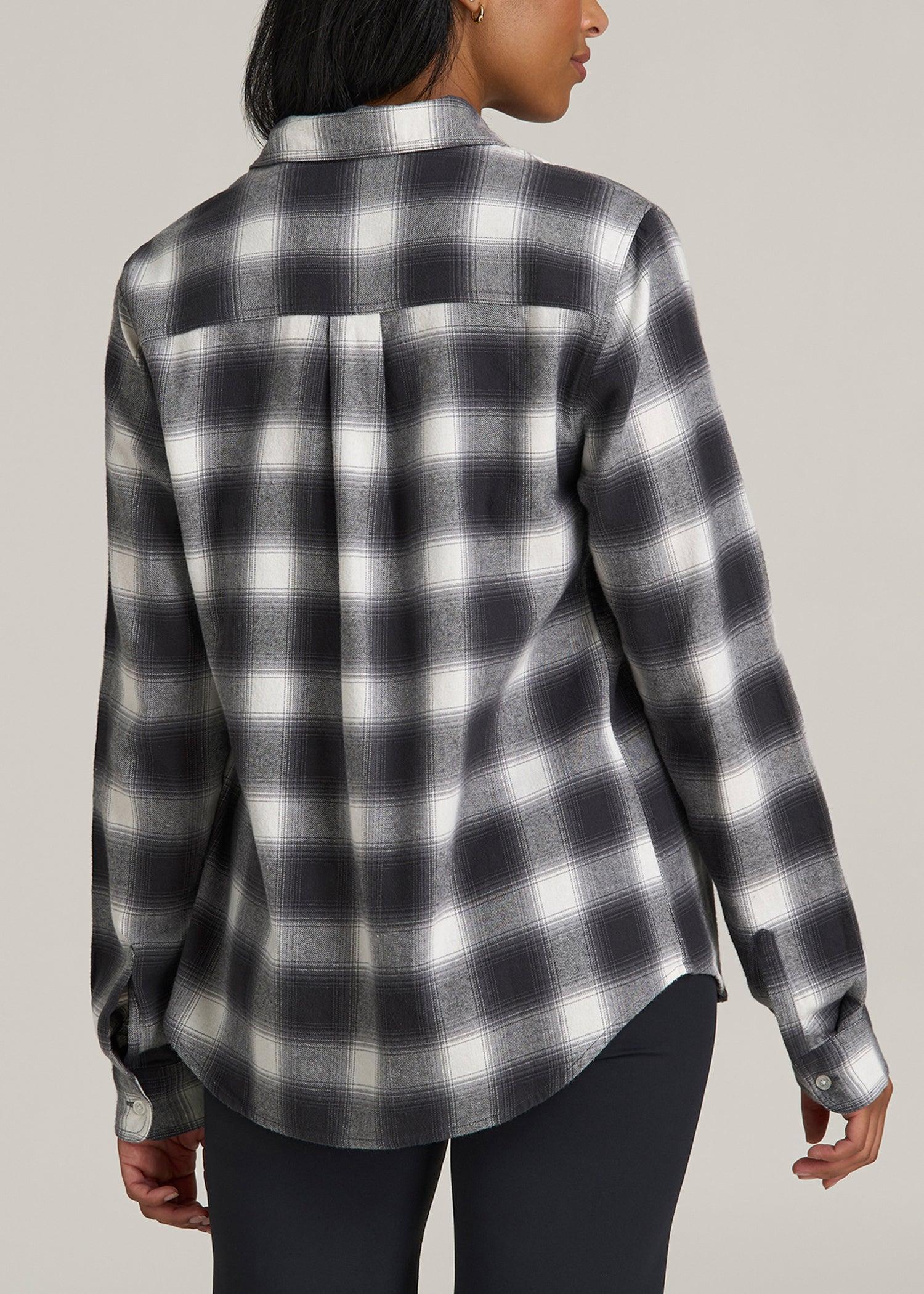 Flannel Button-Up Shirt for Tall Women in Grey and White Plaid Product Image