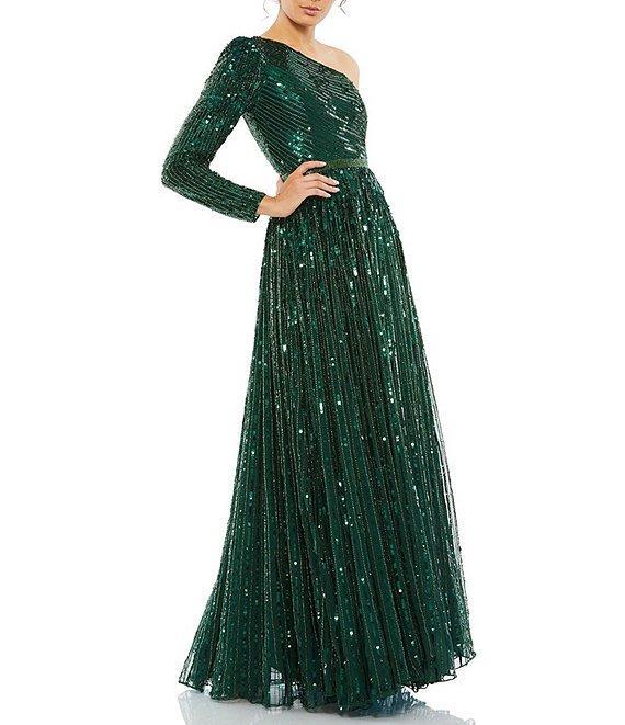 Mac Duggal Sequined Tulle One Shoulder Long Sleeve A-Line Gown Product Image