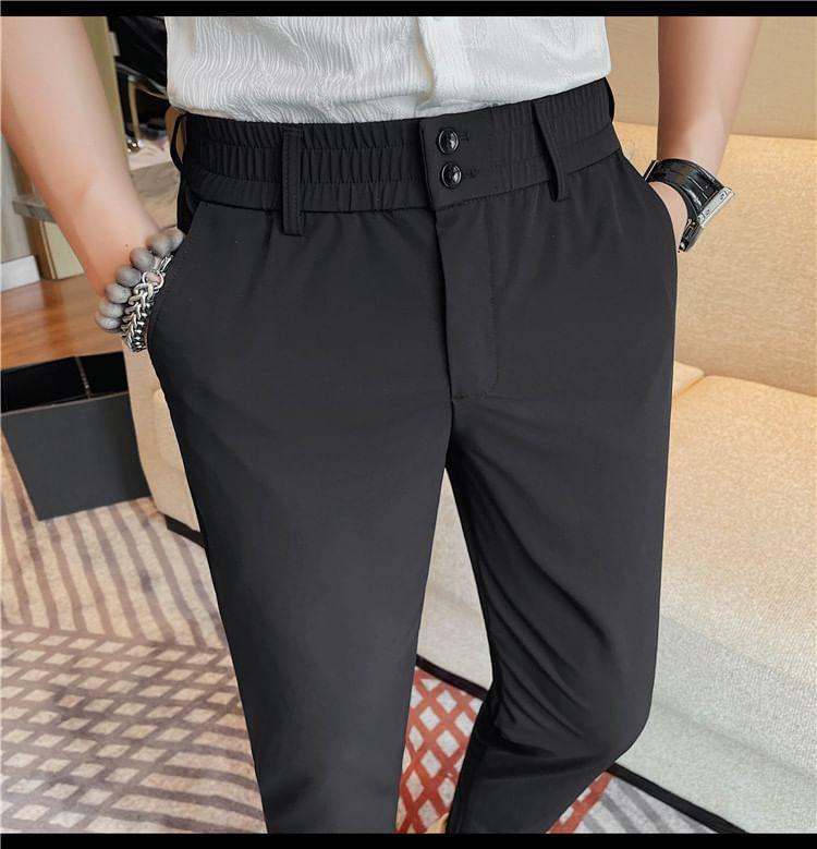 Elastic Waist Plain Cropped Straight Leg Pants Product Image