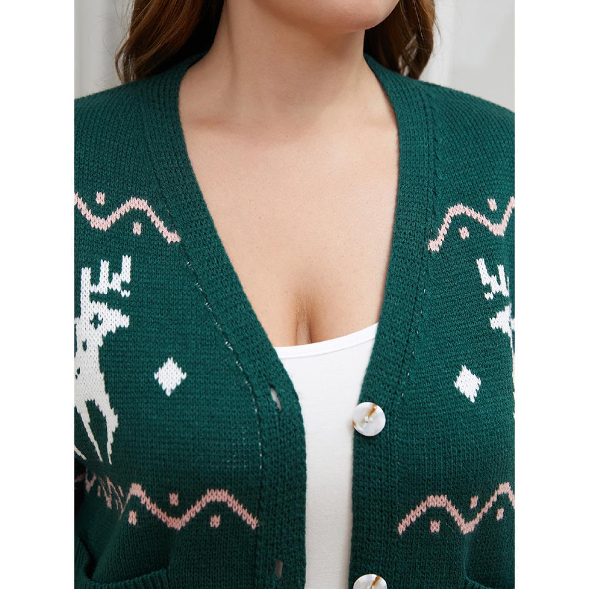 Plus Size Elk Print Pointelle Knit Pocket Jacquard Button Front Cardigan DarkGreen Women Casual Loose Long Sleeve Dailywear Cardigans BloomChic 30/6X Product Image