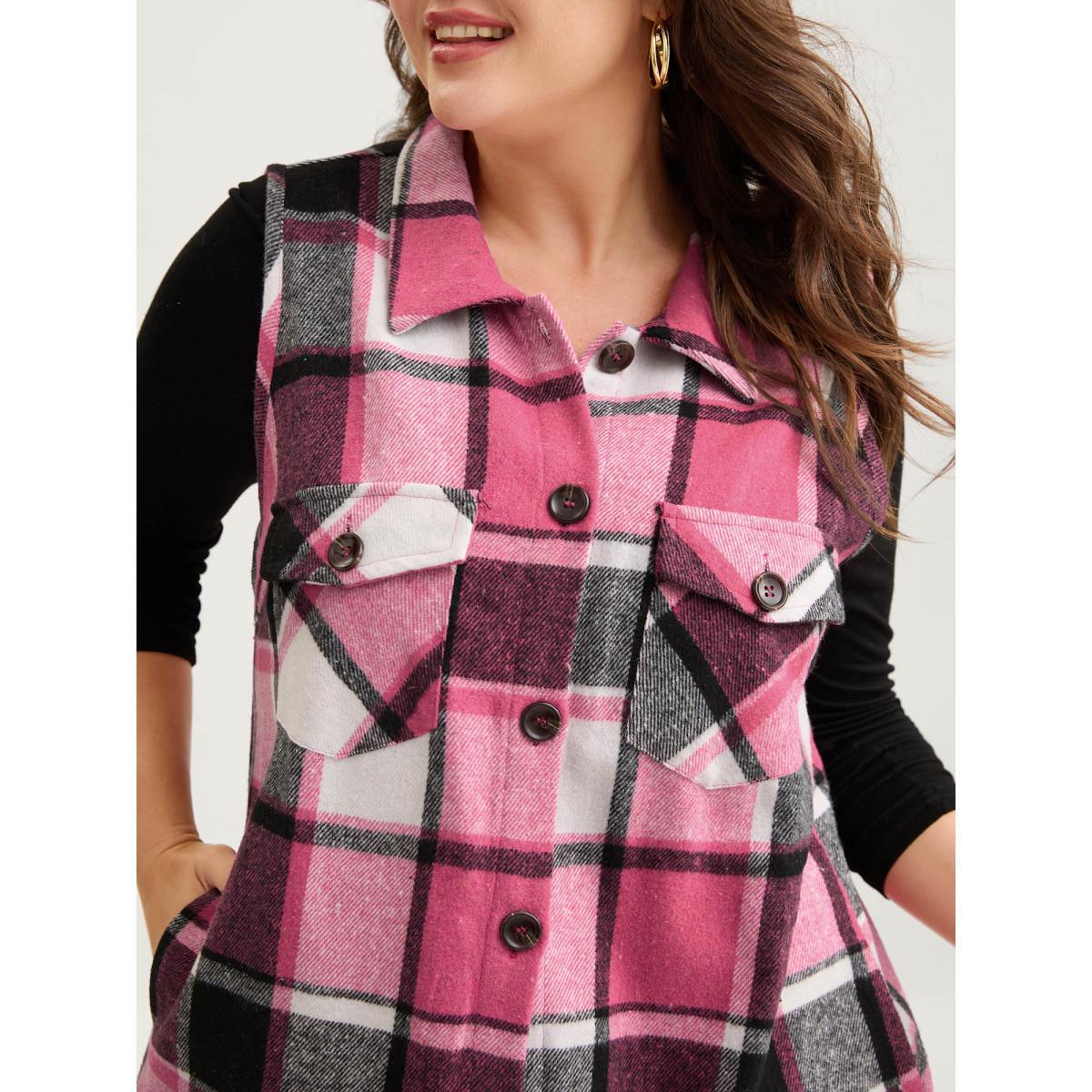 Plus Size Plaid Flap Detail Sleeveless Jacket Women Rosered Button Side seam pocket Casual Jackets BloomChic 28/5X Product Image