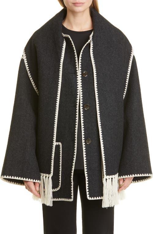 Embroidered Fringe Contrast-Trim Scarf Wool Jacket Product Image