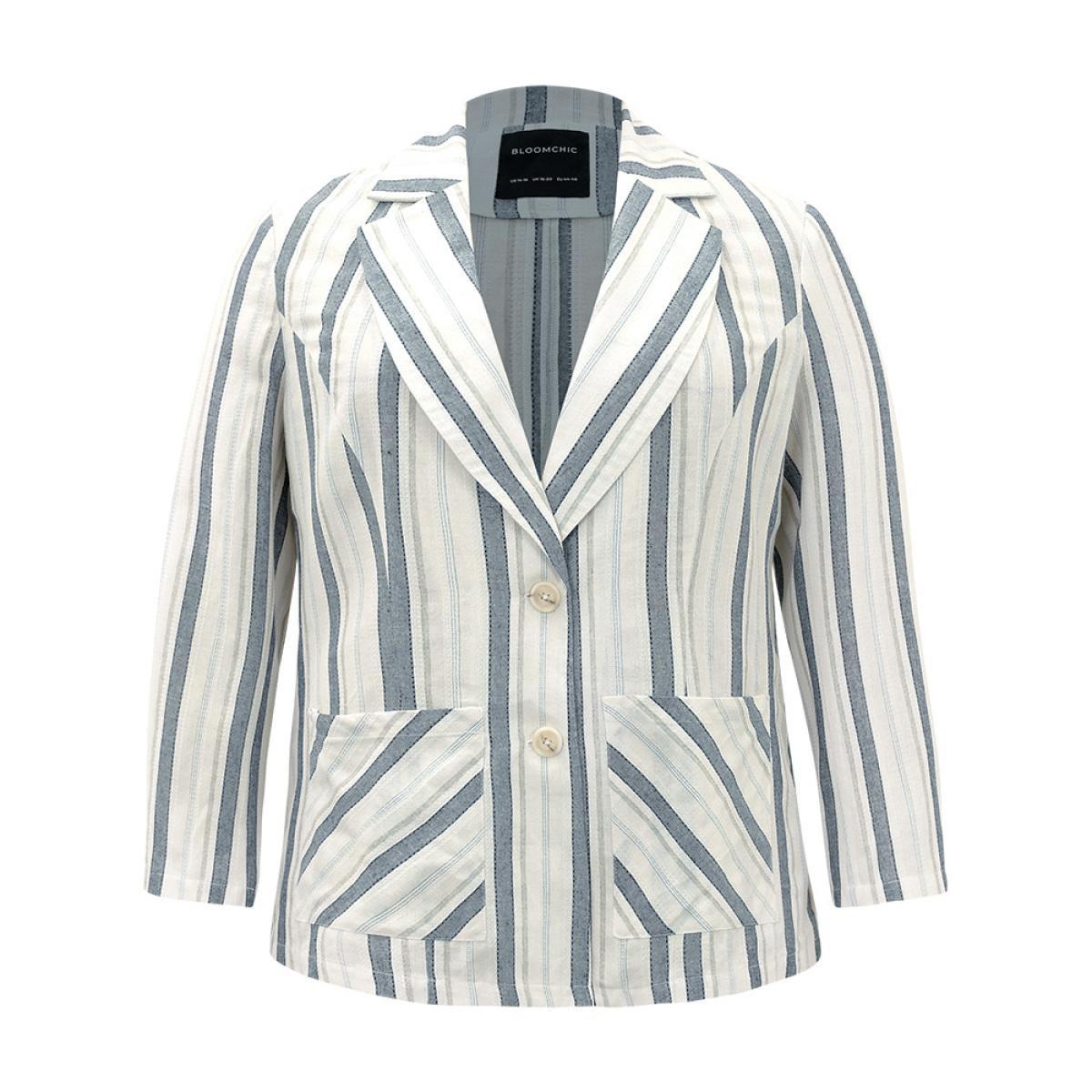 Plus Size Striped Suit Collar Pocket Blazer Blue Women Dailywear Striped Contrast Sleeve Long Sleeve Suit Collar 12/L Pocket Casual Blazers BloomChic Product Image