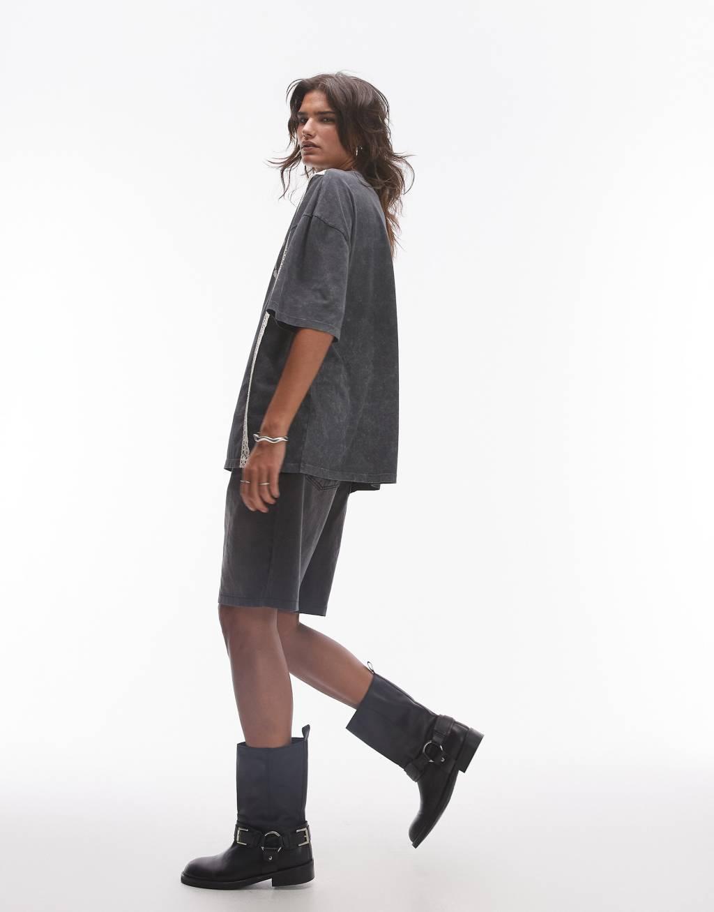 Topshop graphic New York lace trim oversized tee in dark gray Product Image