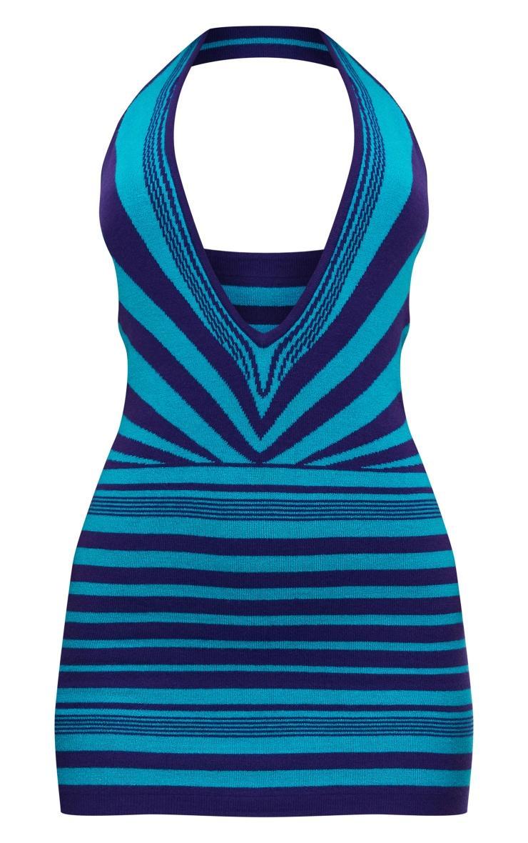 Turquoise Two Tone Abstract Stripe Knit Plunge Dress Product Image