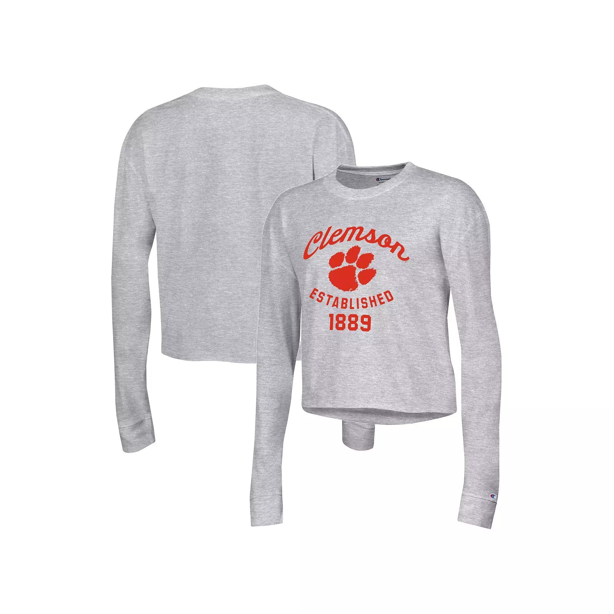 Women's Champion Gray Clemson Tigers Boyfriend Cropped Long Sleeve T-Shirt, Size: 2XL, Grey Product Image