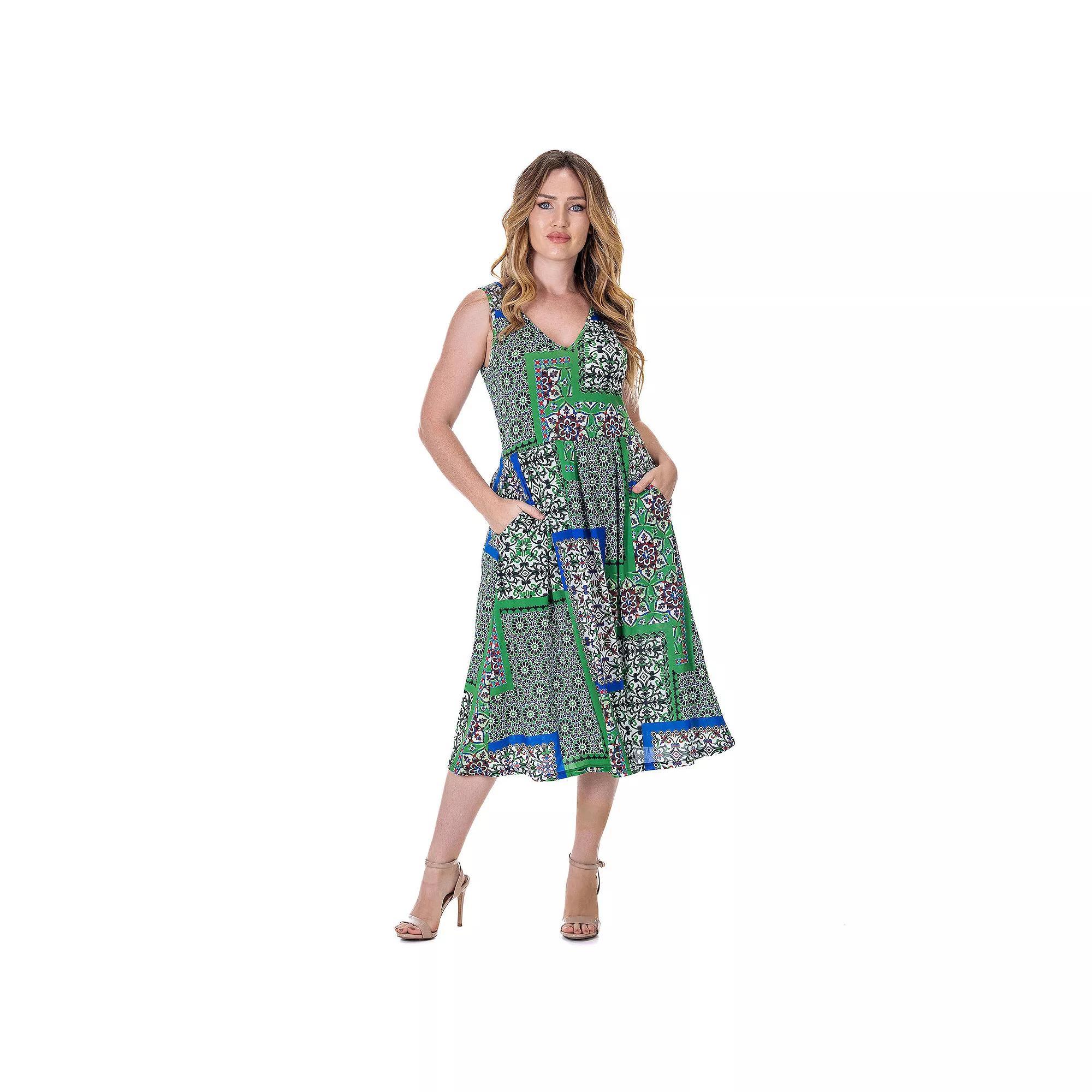 Women's 24Seven Comfort Apparel Midi Length Geo Print Sleeveless Pleated Pocket Dress,  Product Image