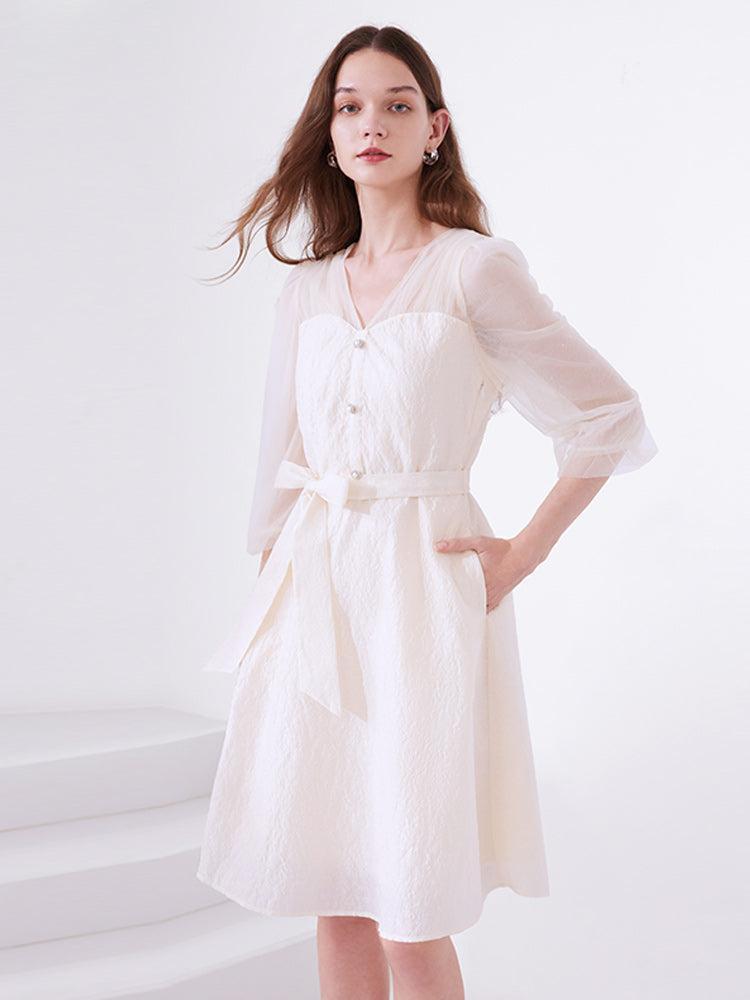 White Mesh Half-Sleeve V-Neck Jacquard Midi Dress Product Image