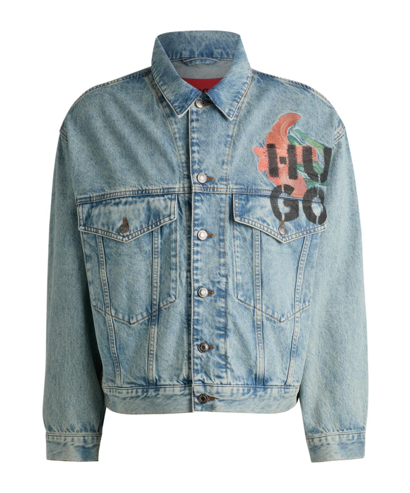 HUGO BOSS Regular-fit Jacket In Rigid Denim With Logo Prints In Turquoise Product Image