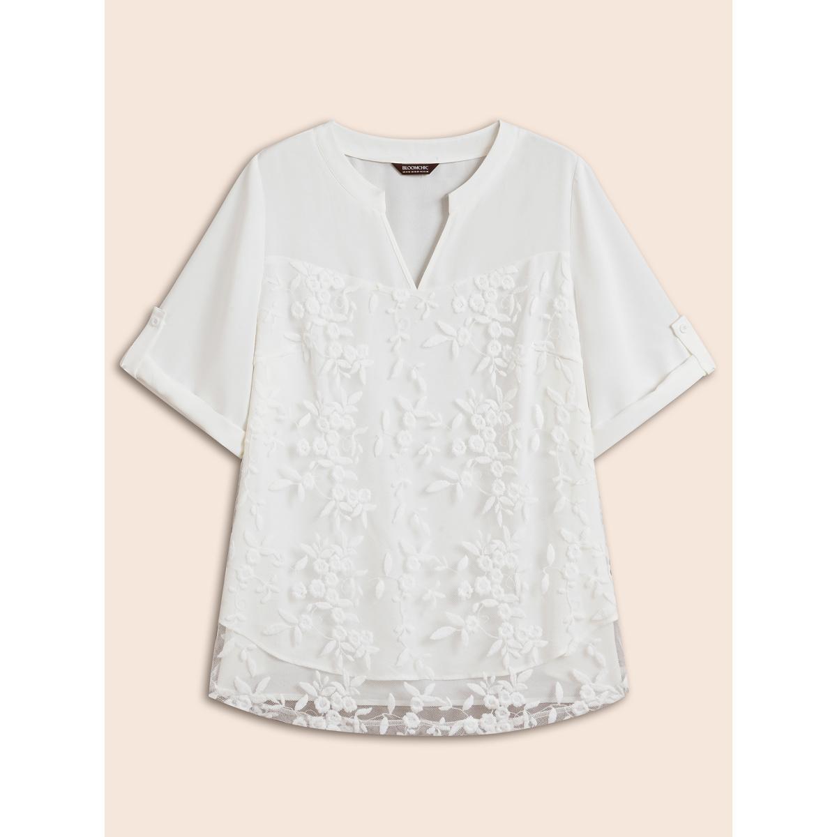 Plus Size WhiteSmoke Lace Patchwork Gathered Tab Sleeve Shirt Women Casual Elbow-length sleeve Notched collar Everyday Blouses BloomChic 30/6X Product Image