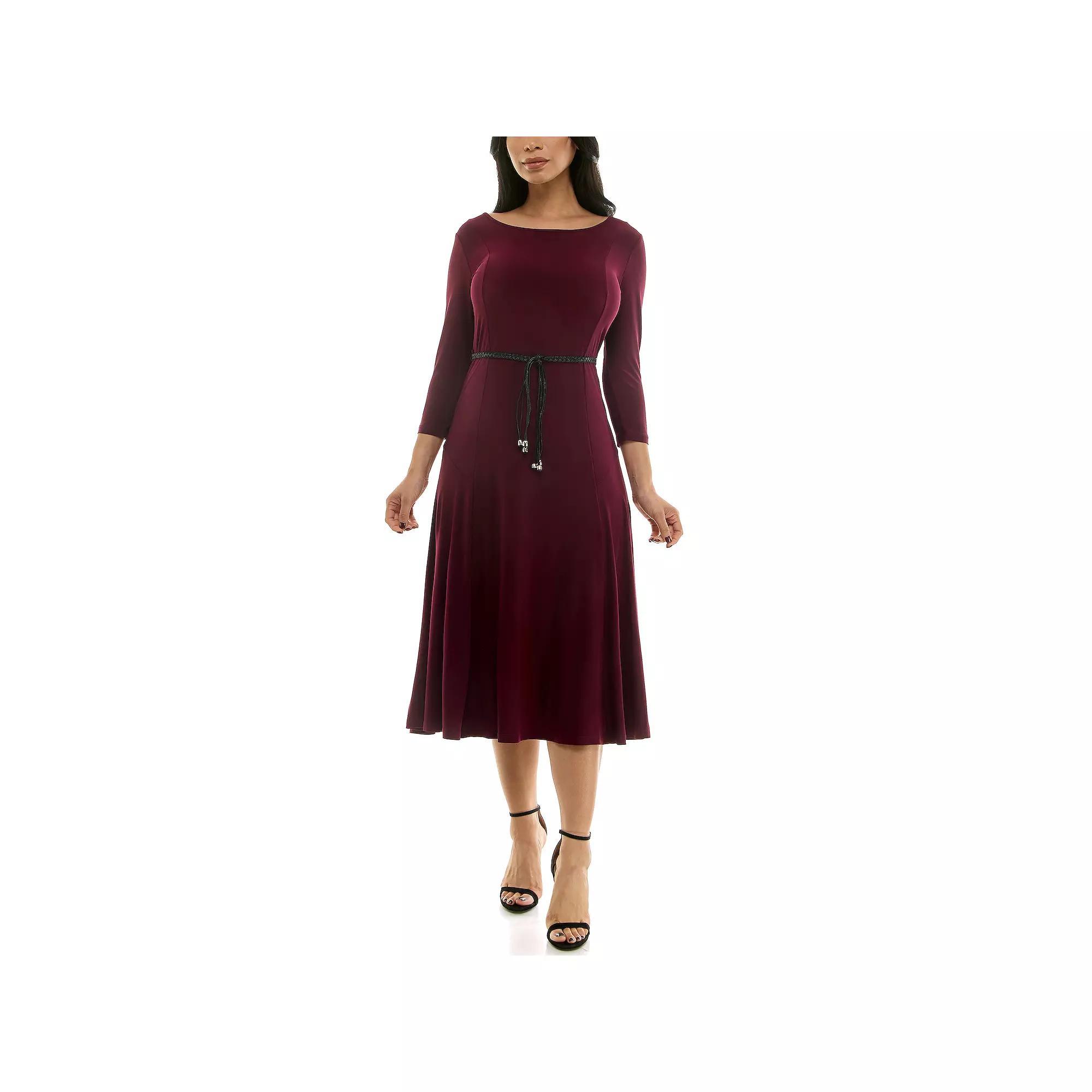 Women's Nina Leonard Sylvia Three-Quarter Sleeve Belted Midi Dress,  Product Image