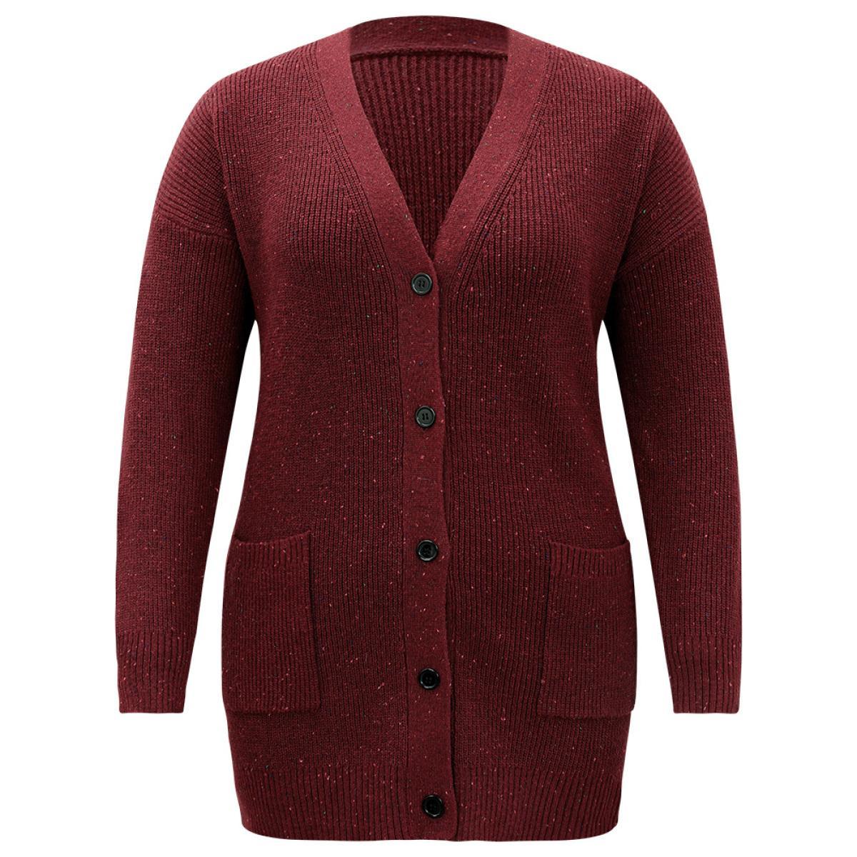 Plus Size Plisse Plain Button Fly Patched Pocket Cardigan Scarlet Women Casual Loose Long Sleeve Everyday Cardigans BloomChic 26/4X Product Image