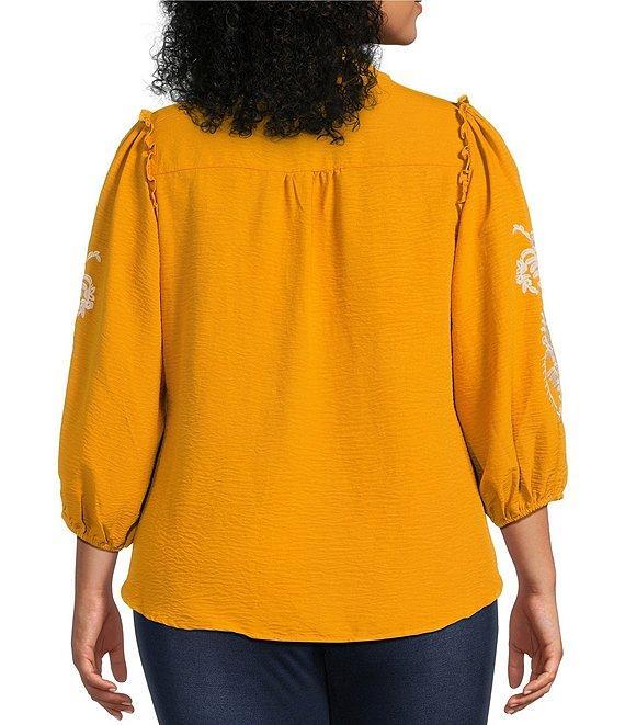 Calessa Plus Size Embroidered Placement Print Ruffle Split V-Neck 3/4 Sleeve Button Front Tunic Product Image