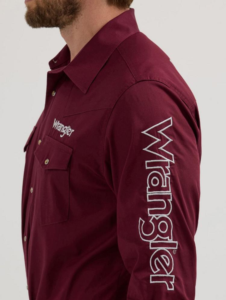 Wrangler® Men's L/S Solid Wine Logo Snap Shirt Product Image