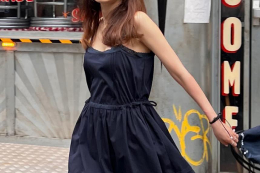 Spaghetti Strap Plain Drawstring Mini Dress Product Image