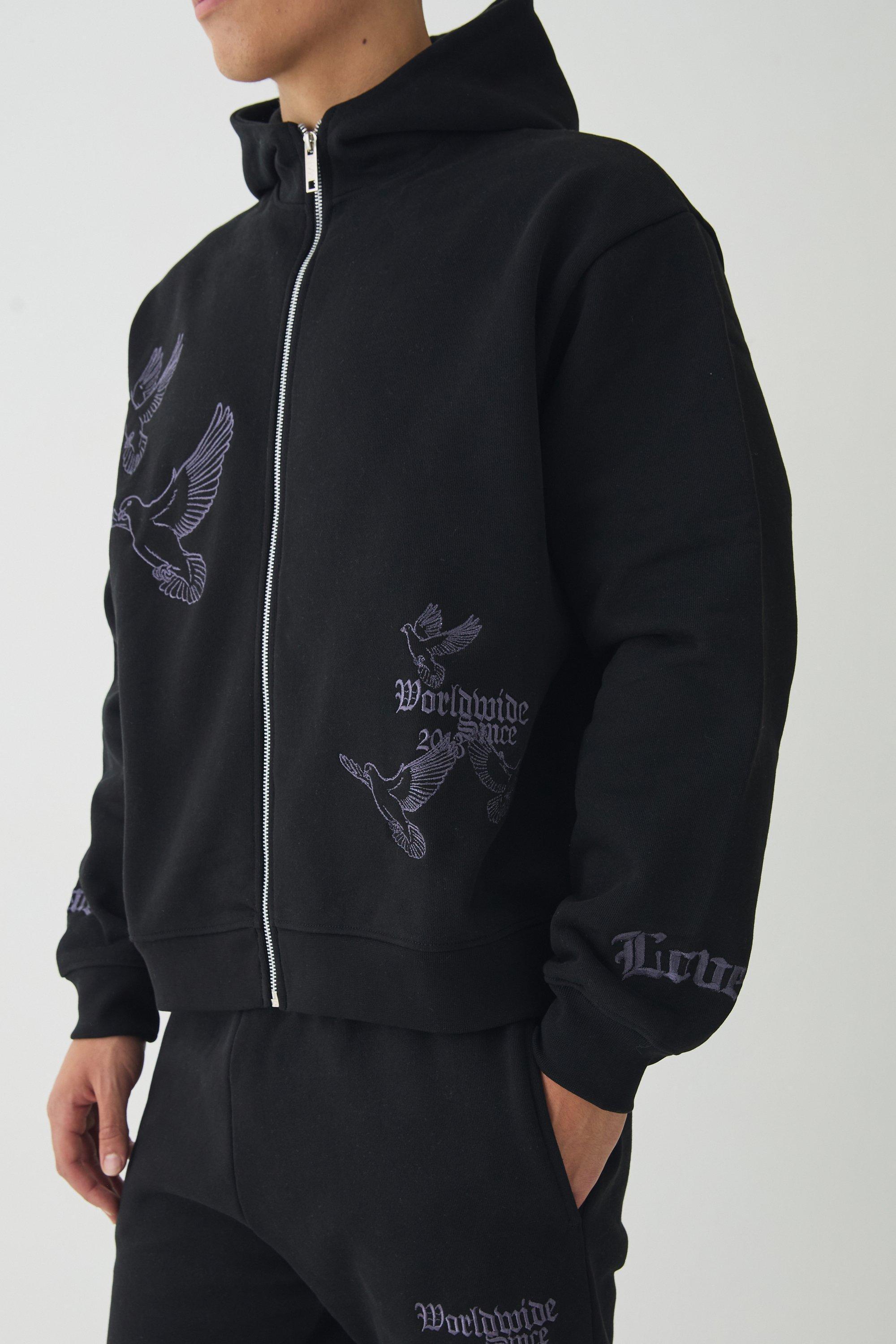 Smart Oversized Boxy Embroidered Super Heavyweight Zip Through Loopback Hoodie | boohooMAN USA Product Image