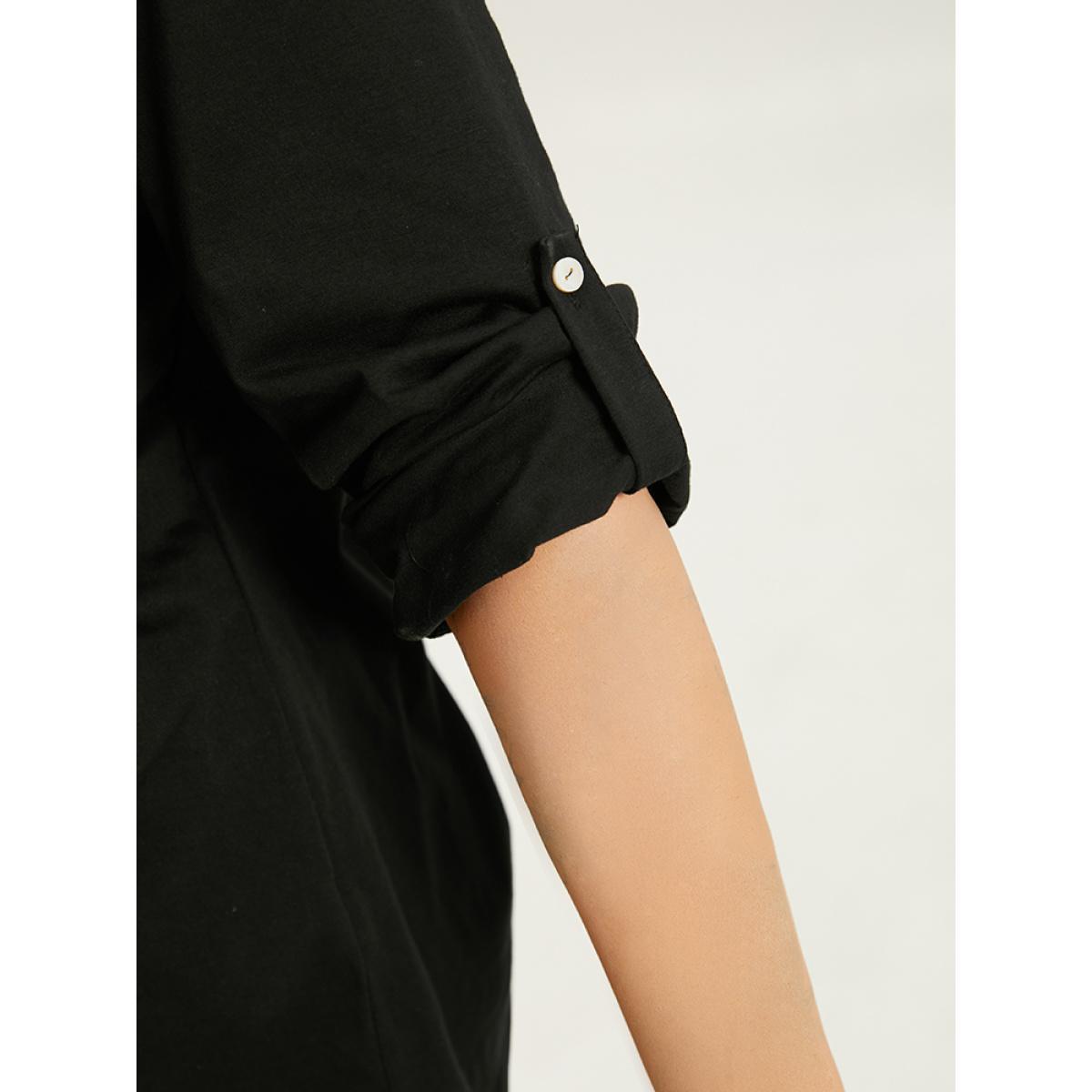 Plus Size Plain Button Up Tab Sleeve T-shirt Black Women Casual Plain Plain Round Neck Dailywear T-shirts BloomChic 12/L Product Image