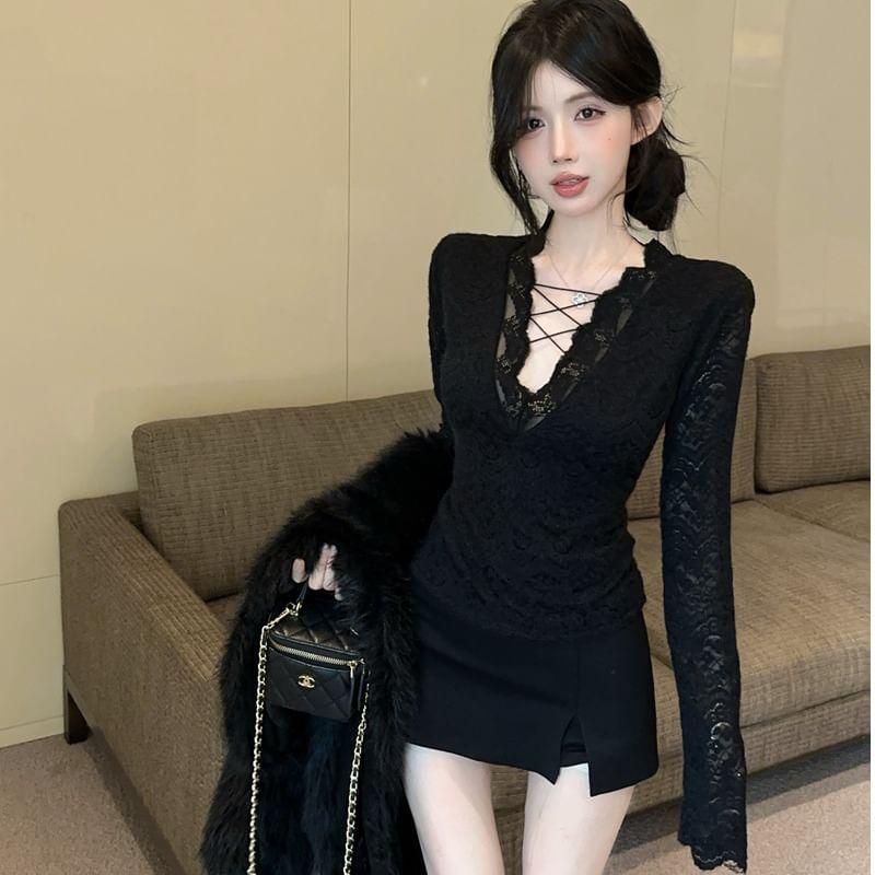 Long Sleeve V-Neck Plain Lace Up Lace Top Product Image