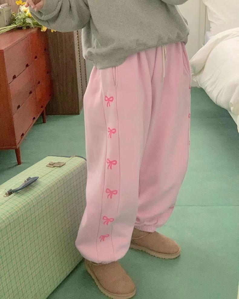 Drawstring Waist Bow Print Harem Pants Product Image