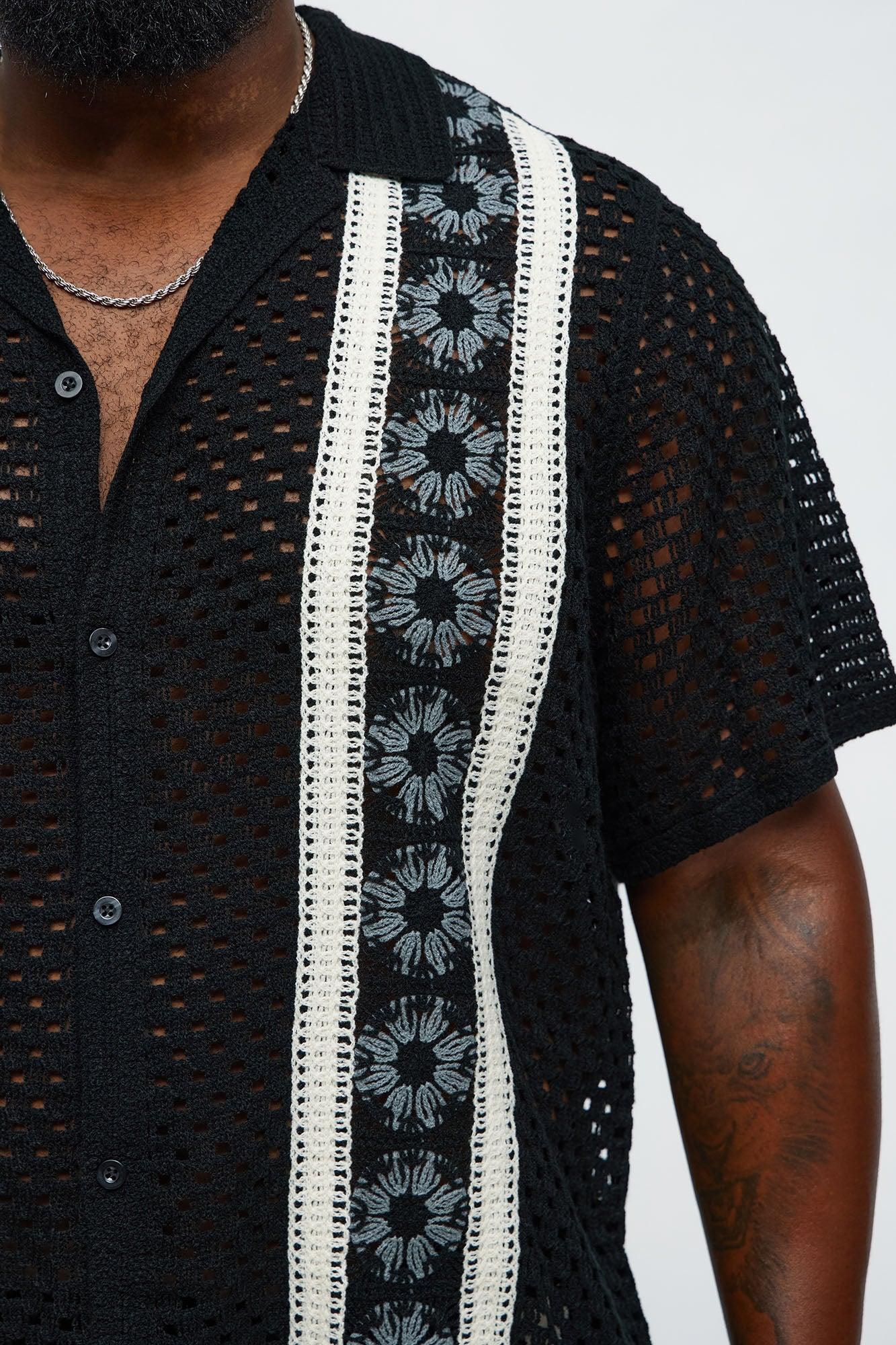 Crochet Panel Cuban Collar Button Up Shirt - Black/combo Male Product Image
