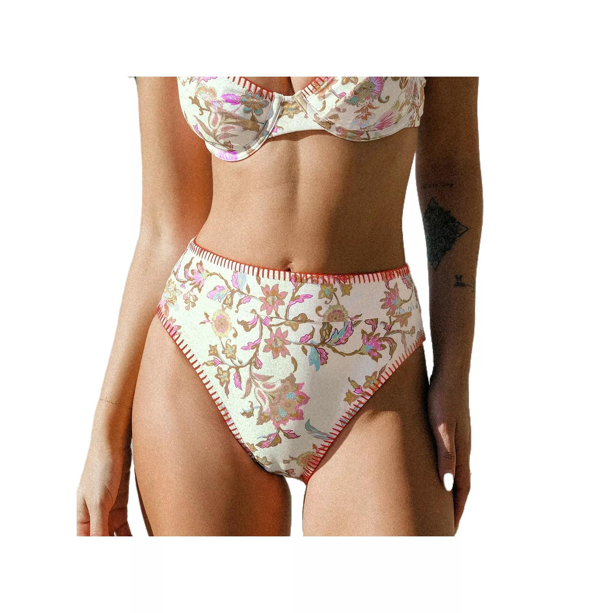 Women's Cupshe Dreamy Garden Whipstitching High-Rise Bikini Bottoms, Size: Medium, Vintage Floral Product Image