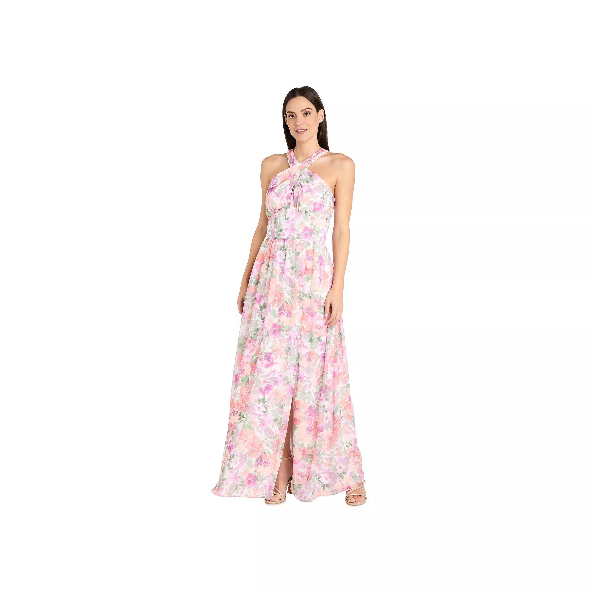 Women's R&M Richards Chiffon Crisscross Halter Maxi Dress, Size: 6, Ivory Blossom Product Image