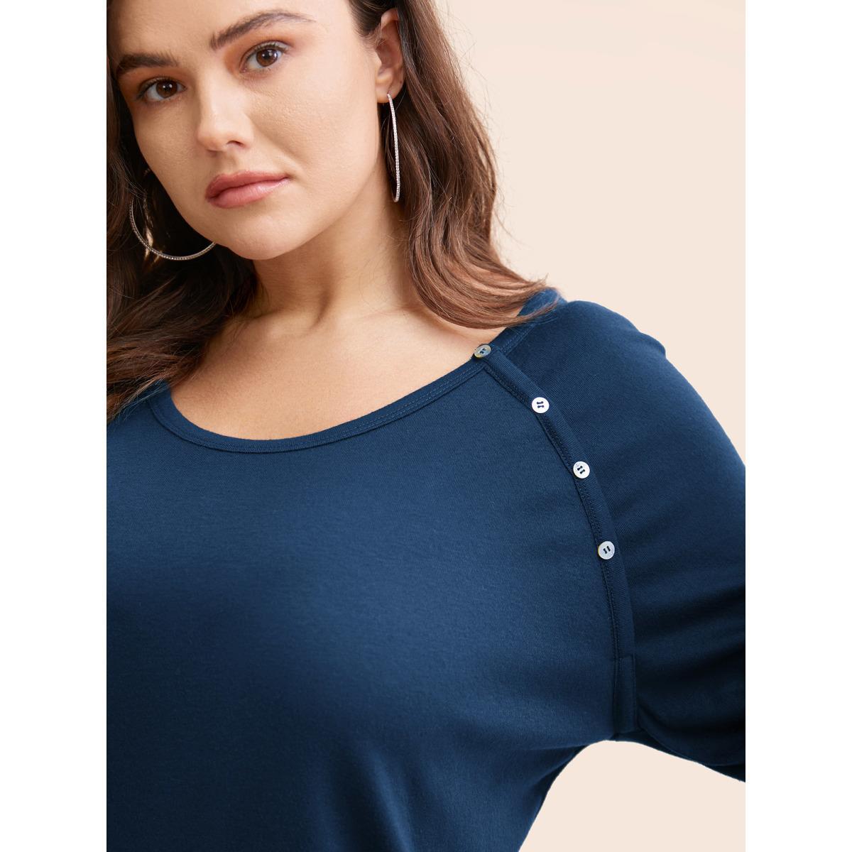 Plus Size Plain Gathered Button Detail T-shirt Indigo Women Casual Gathered Plain Round Neck Dailywear T-shirts BloomChic 10/M Product Image