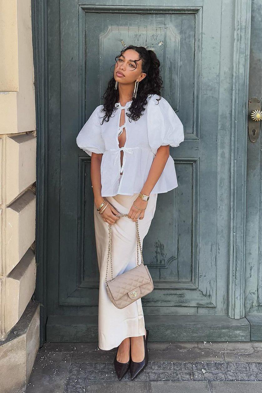 Cotton Puff Sleeve Tie Front Blouse Product Image