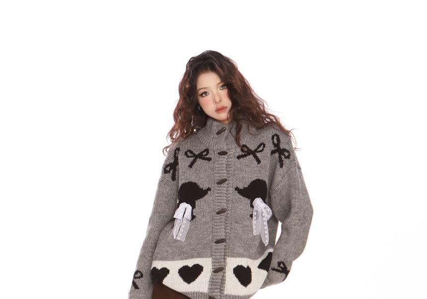 Stand Collar Animal Print Toggle Cardigan Product Image