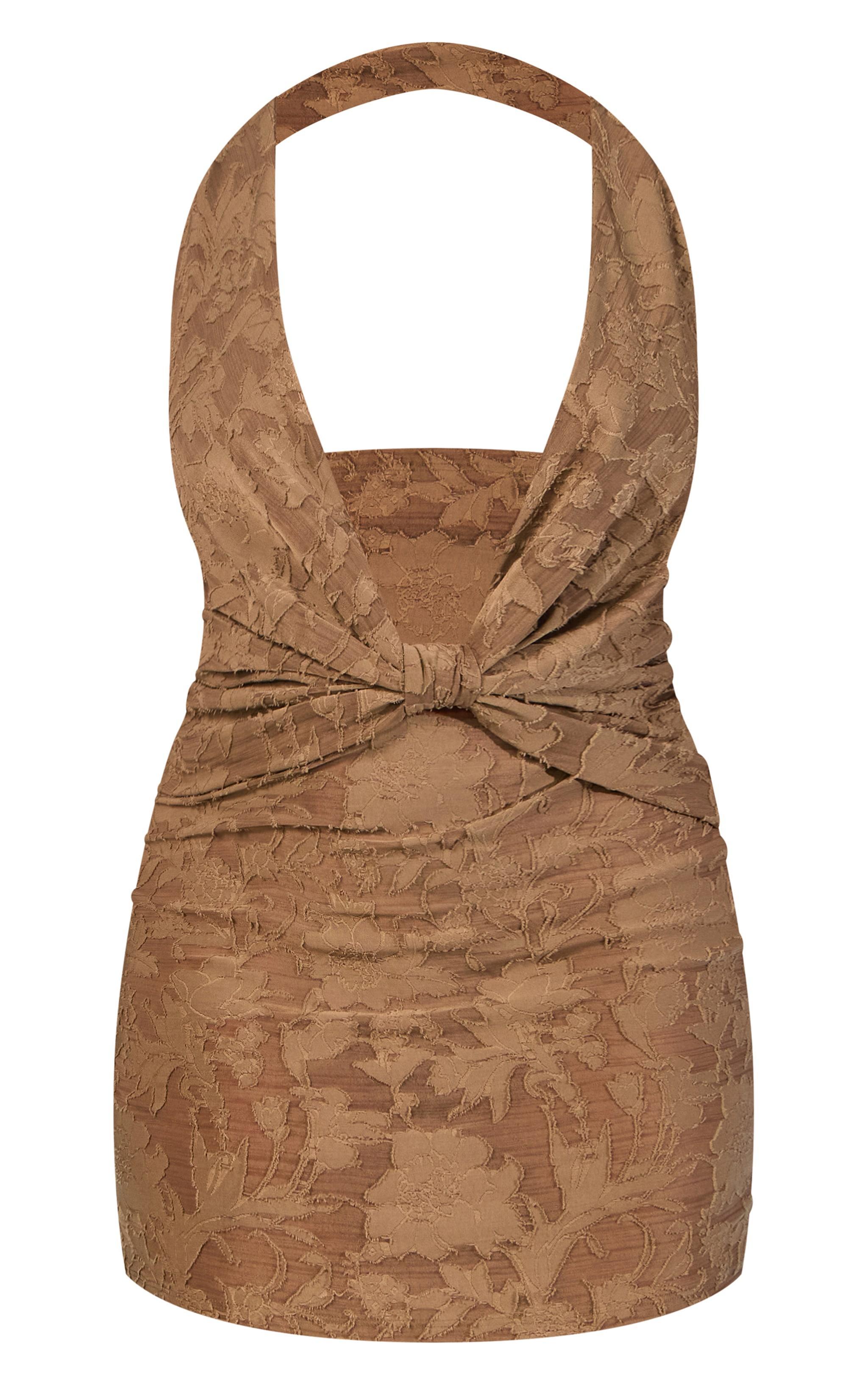 Plus Khaki Floral Sheer Burnout Knot Cowl Bodycon Dress Product Image